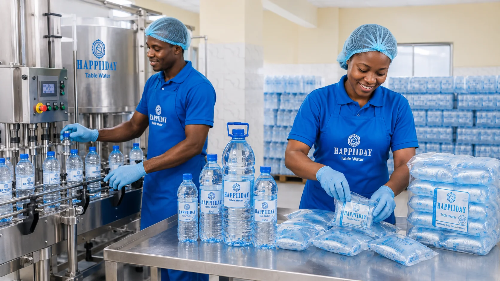 Production workers handling Happiiday bottles on the bottling line