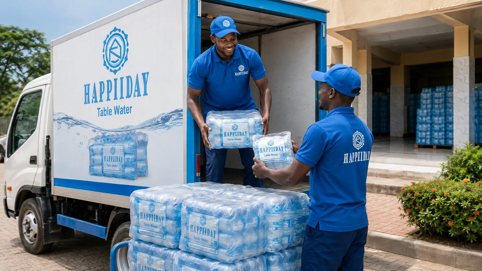 Happiiday delivery team loading packaged water for distribution
