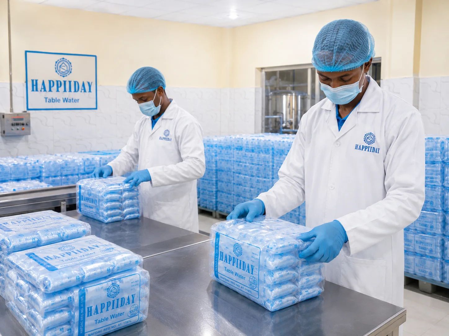 Production staff in protective clothing packing Happiiday water