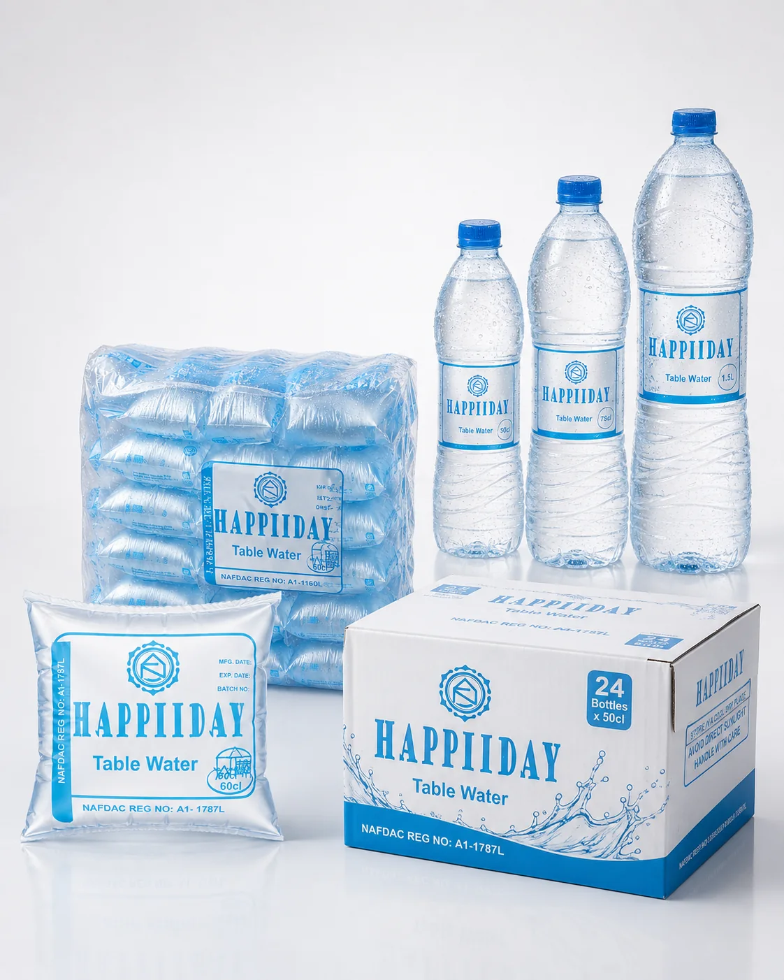Happiiday water product lineup for retail, home and business supply