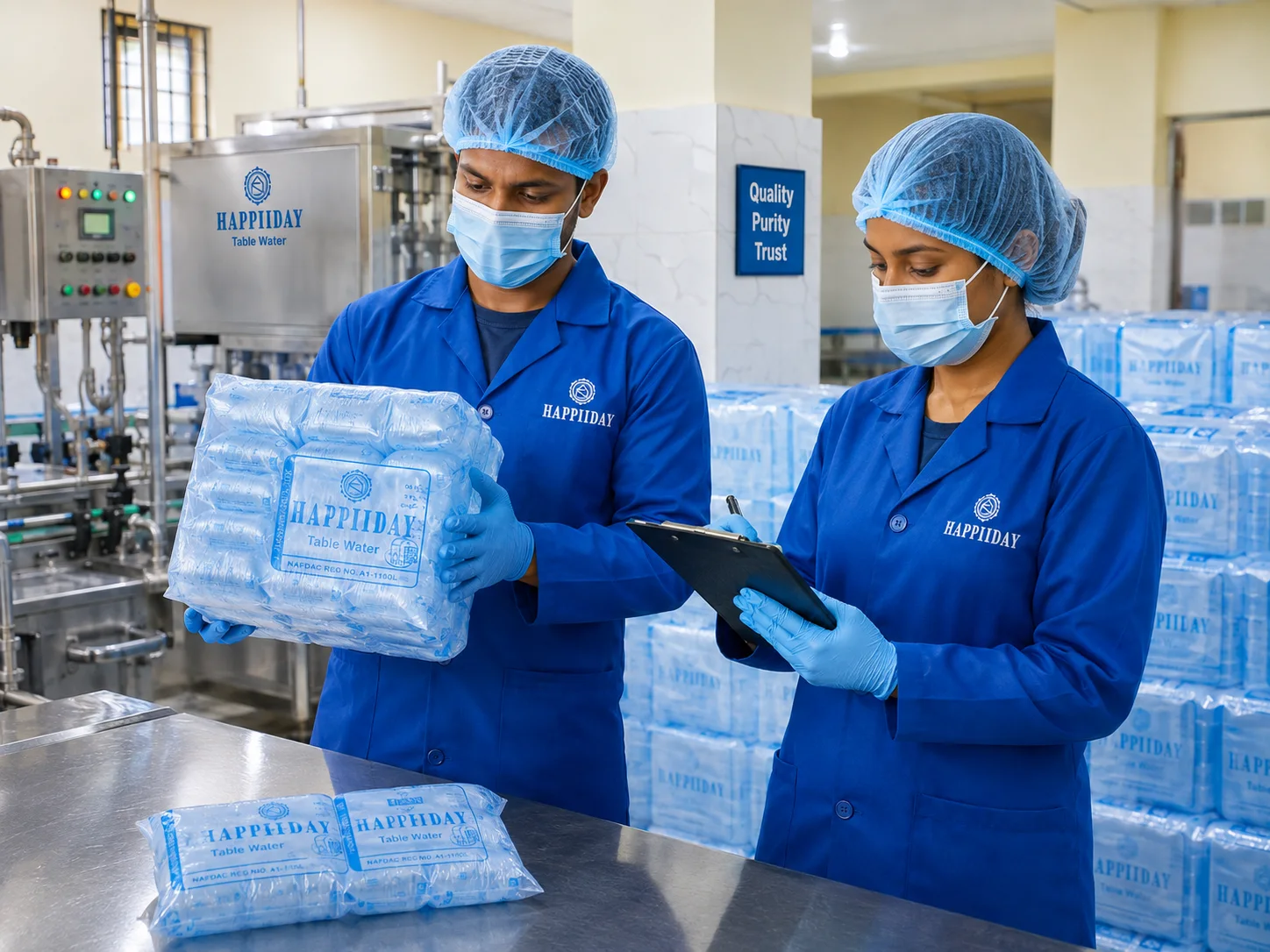 Ngenerich production staff handling Happiiday water packs