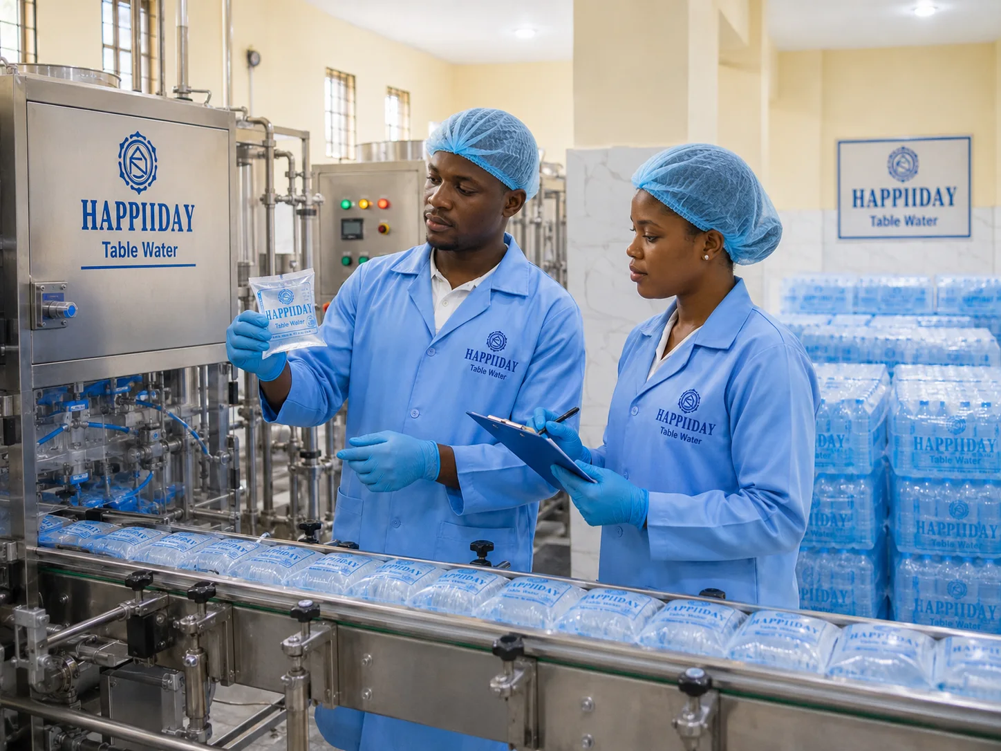Happiiday production staff monitoring the bottling line