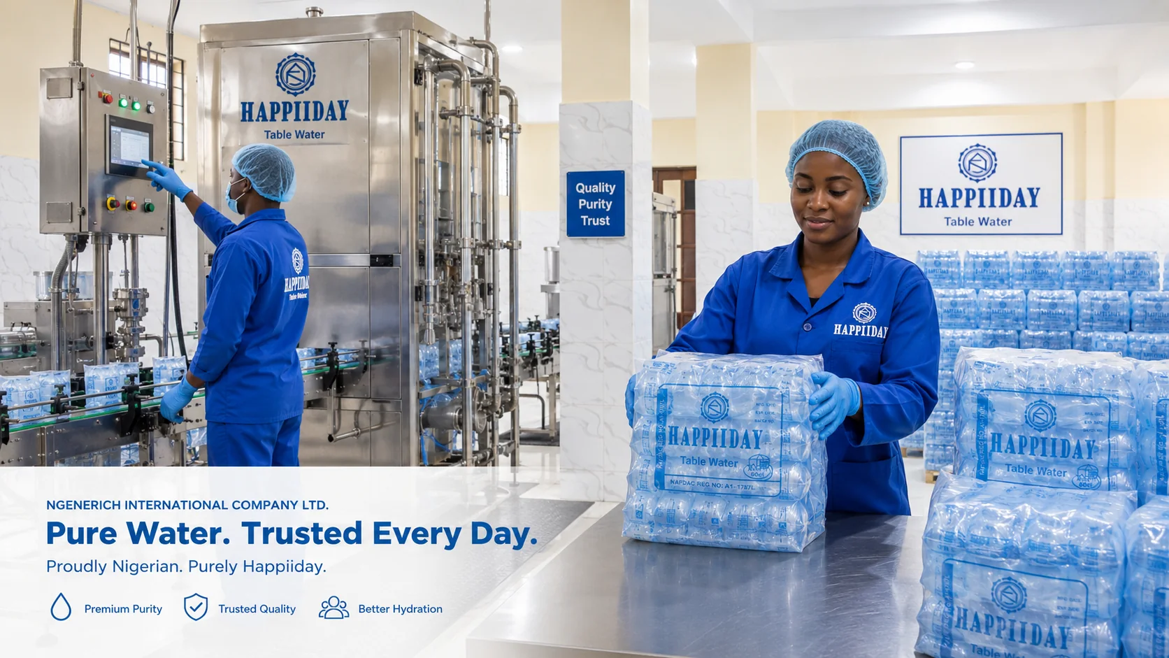 African Happiiday production staff working in a clean water facility